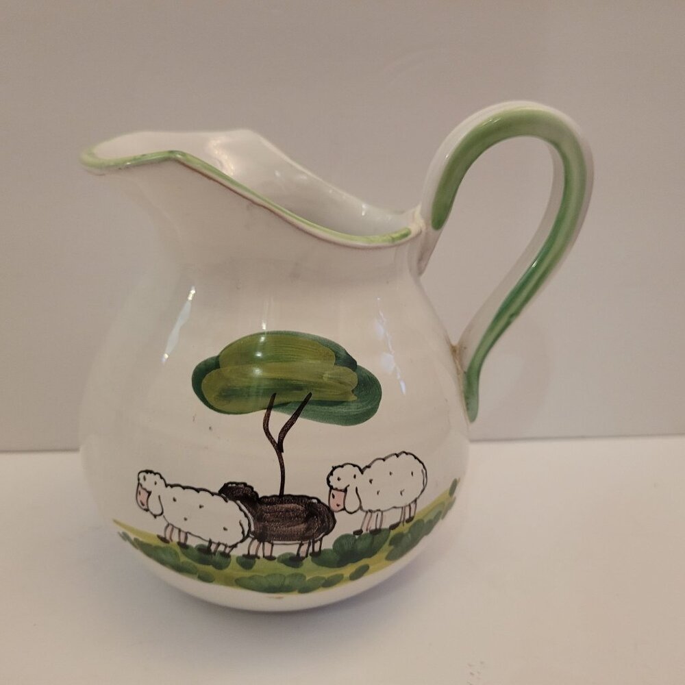 Vintage Italian Art Pottery Pitcher With Sheep & Tree Design